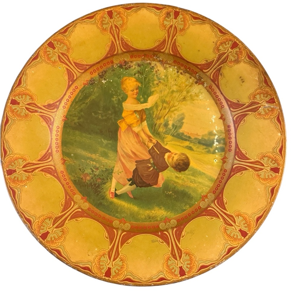 Tin Advertising Portrait Plate Boy & Girl Playing Outside CIRCA 1910
